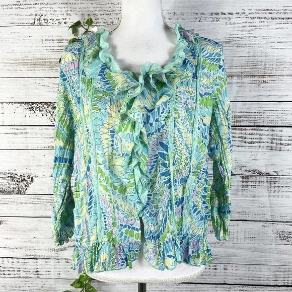 Essentials by Milano Blouse size Medium Blue Green Sheer Lace Beach Florida Slim - Picture 1 of 14